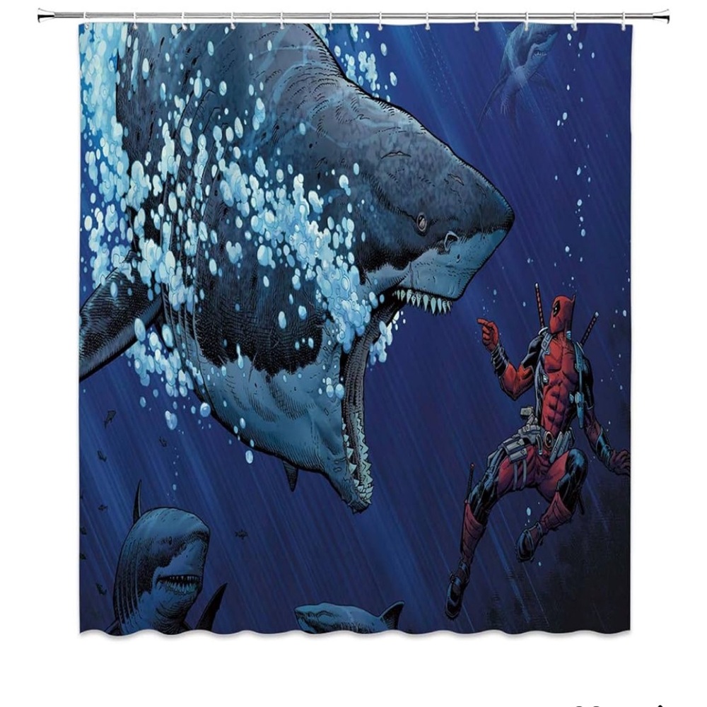 Deadpool and Shark Comic Art Print Shower Curtain